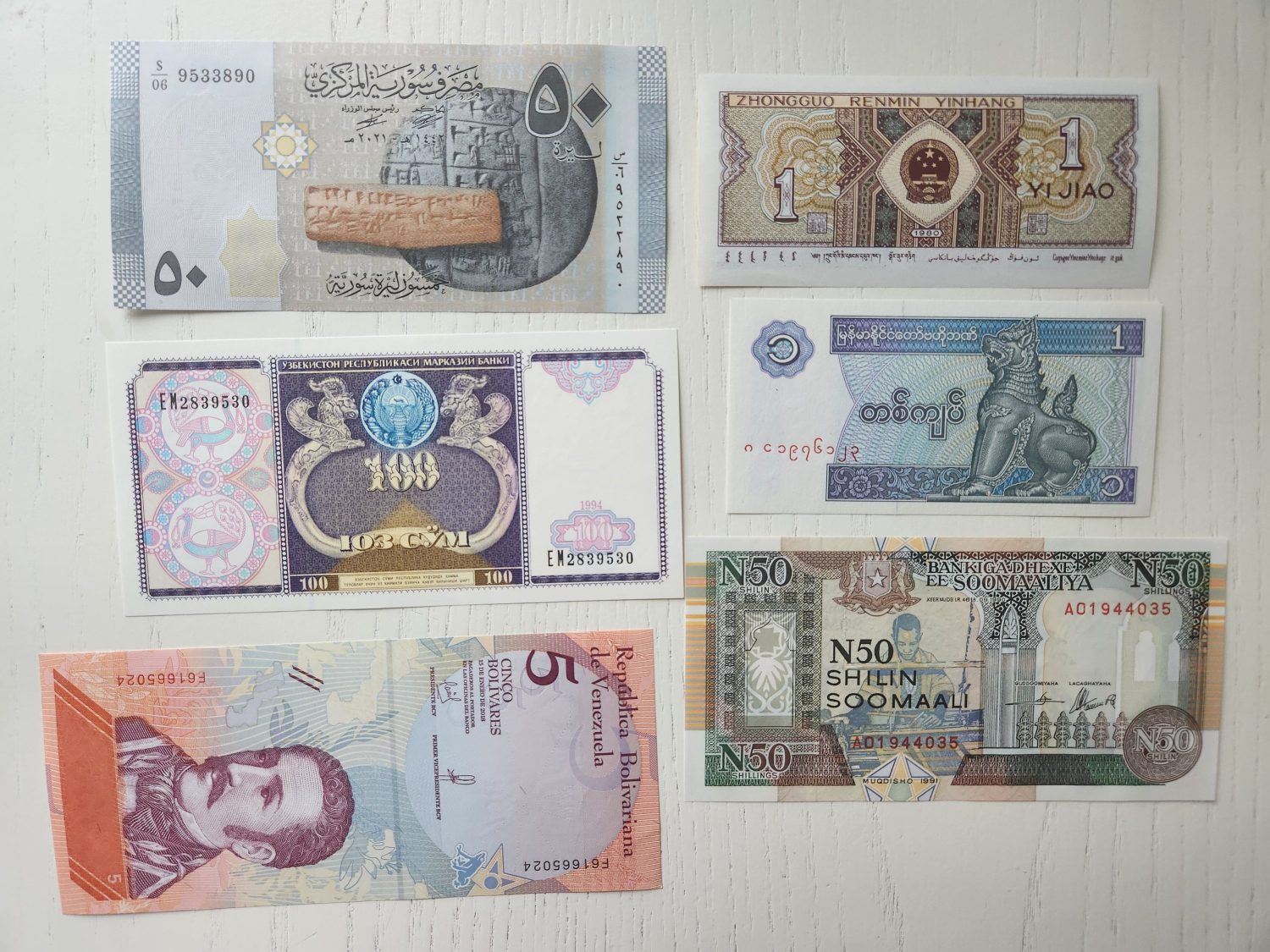6 Adet Koleksiyonluk Banknot. Çil durumda Suriye, Çin, Özbekistan, Venezuela, Myanmar ve Somali - Görsel 2