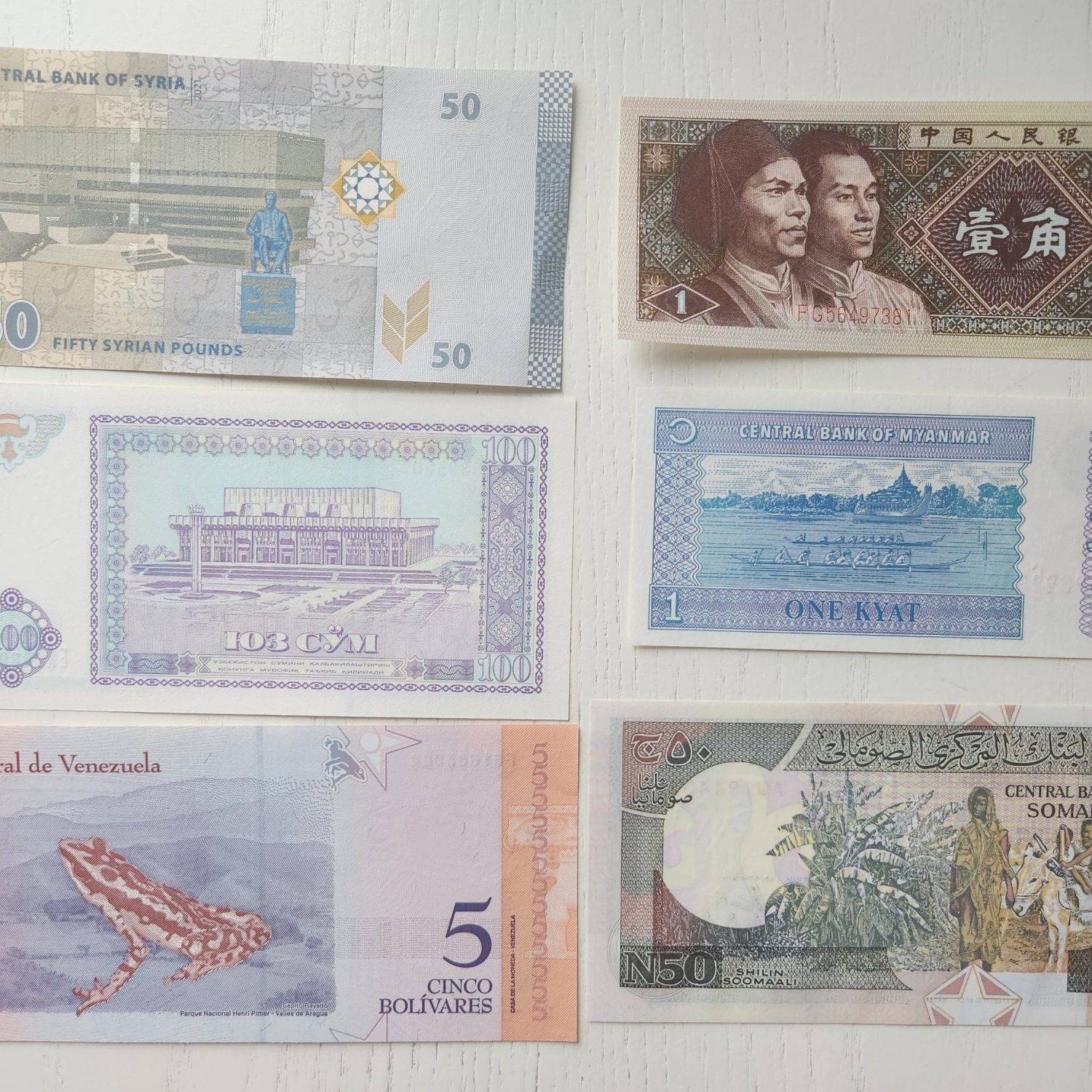 6 Adet Koleksiyonluk Banknot. Çil durumda Suriye, Çin, Özbekistan, Venezuela, Myanmar ve Somali