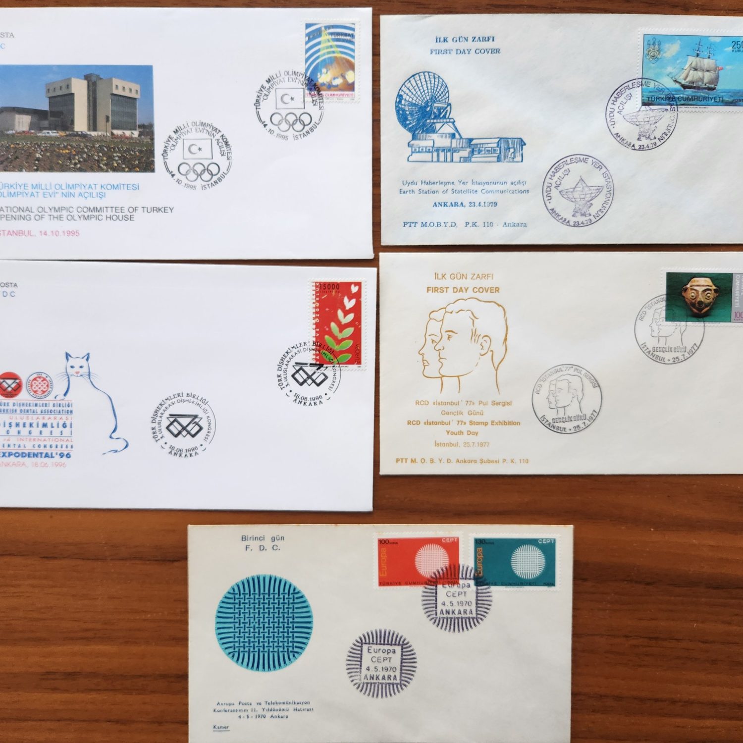 5 Adet Yerli ilk Gün Zarfı FDC 1970 ve 1995 arasına ait farklı zarflar